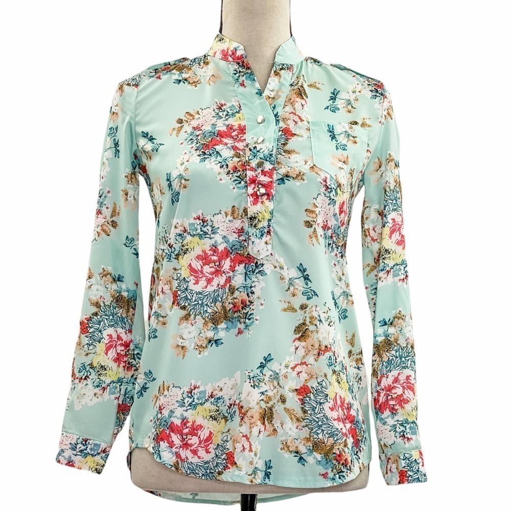 BLUE Floral Long Sleeve Button Down Blouse